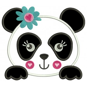 Girl Panda Bear With Flower and a Heart Applique Machine Embroidery Digitized Design Pattern